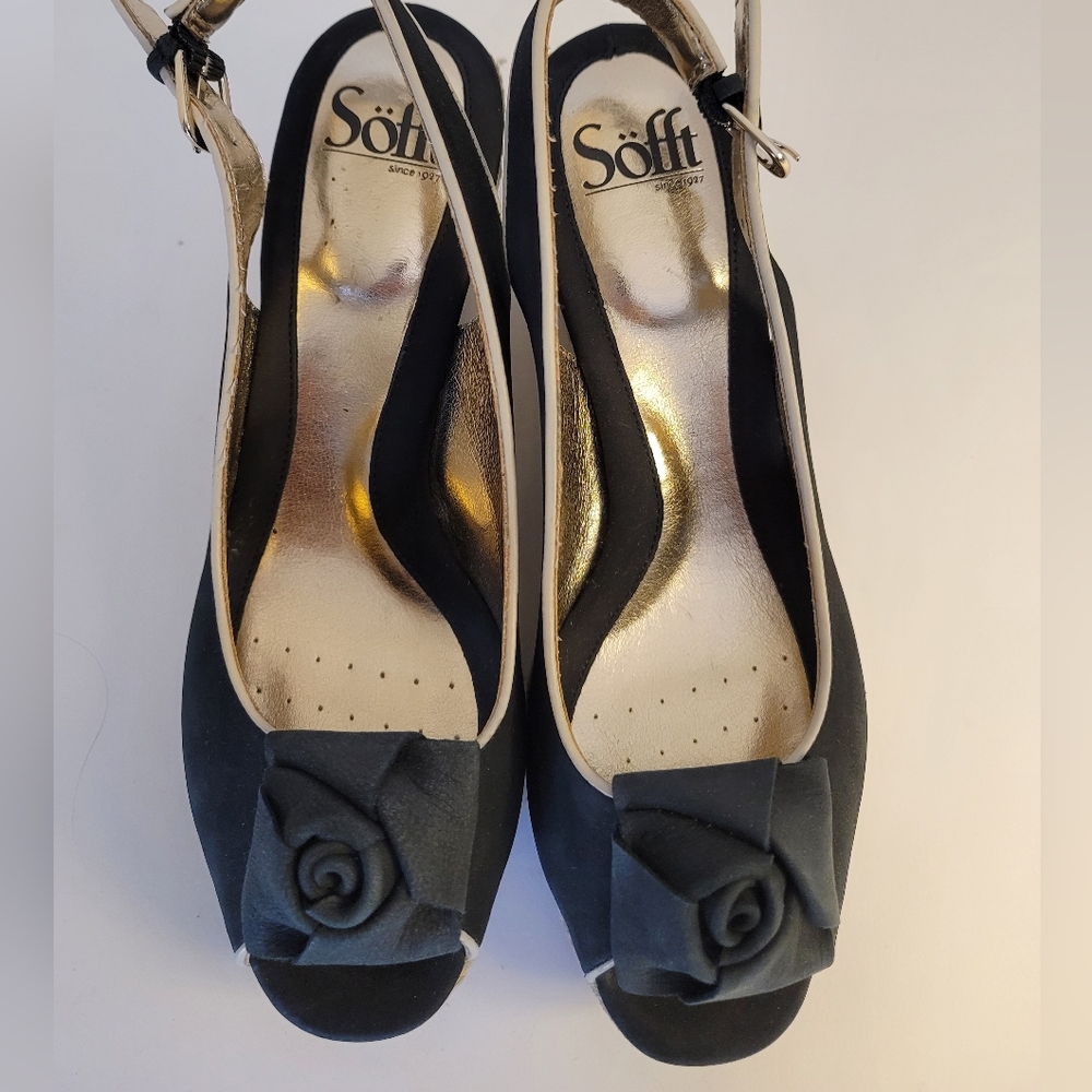 Sofft Espadrille Wedge Peep Toe Sandals Jute Heel Black Gold 8 - Picture 6 of 9